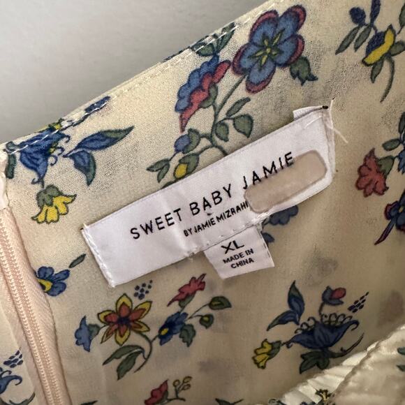 Sweet Baby Jamie Floral Smocked Dress Cream Square Neck Zip Long Sleeve Sz XL - Picture 8 of 11